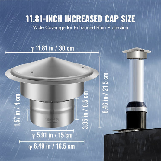 Chimney Cap 6-inch 304 Stainless Steel Round Roof Rain Cap Cover Silver