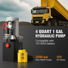 Hydraulic Pump, 4 Quart Hydraulic Power Unit, Single Acting Dump Trailer Pump, 0.91 GPM Flow Rate, 3200 PSI Max Relief Pressure, DC 12V Hydraulic Pump for Dump Trailer Car Lifting