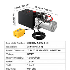 Hydraulic Pump, 4 Quart Hydraulic Power Unit, Single Acting Dump Trailer Pump, 0.91 GPM Flow Rate, 3200 PSI Max Relief Pressure, DC 12V Hydraulic Pump for Dump Trailer Car Lifting