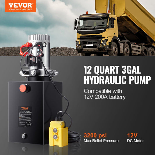 Hydraulic Pump, 12 Quart Hydraulic Power Unit, Single Acting Dump Trailer Pump, 0.91 GPM Flow Rate, 3200 PSI Max Relief Pressure, DC 12V Hydraulic Pump for Dump Trailer Car Lifting