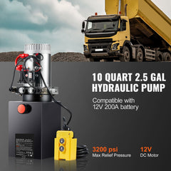 Hydraulic Pump, 10 Quart Hydraulic Power Unit, Double Acting Dump Trailer Pump, 0.91 GPM Flow Rate, 3200 PSI Max Relief Pressure, DC 12V Hydraulic Pump for Dump Trailer Car Lifting