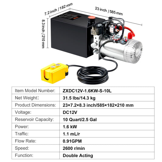 Hydraulic Pump, 10 Quart Hydraulic Power Unit, Double Acting Dump Trailer Pump, 0.91 GPM Flow Rate, 3200 PSI Max Relief Pressure, DC 12V Hydraulic Pump for Dump Trailer Car Lifting