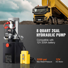 Hydraulic Pump, 8 Quart Hydraulic Power Unit, Single Acting Dump Trailer Pump, 0.91 GPM Flow Rate, 3200 PSI Max Relief Pressure, DC 12V Hydraulic Pump for Dump Trailer Car Lifting