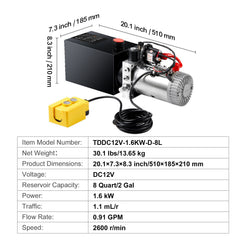 Hydraulic Pump, 8 Quart Hydraulic Power Unit, Single Acting Dump Trailer Pump, 0.91 GPM Flow Rate, 3200 PSI Max Relief Pressure, DC 12V Hydraulic Pump for Dump Trailer Car Lifting