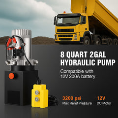 Hydraulic Pump, 8 Quart Hydraulic Power Unit, Single Acting Dump Trailer Pump, 0.91 GPM Flow Rate, 3200 PSI Max Relief Pressure, DC 12V Hydraulic Pump for Dump Trailer Car Lifting