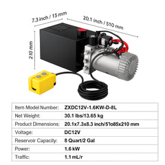 Hydraulic Pump, 8 Quart Hydraulic Power Unit, Single Acting Dump Trailer Pump, 0.91 GPM Flow Rate, 3200 PSI Max Relief Pressure, DC 12V Hydraulic Pump for Dump Trailer Car Lifting