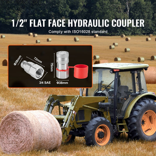1/2" Flat Face Hydraulic Couplers 1/2" NPT Skid Steer Couplers 2 Dust Caps