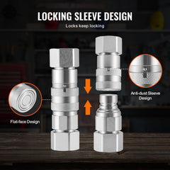 1/2" Flat Face Hydraulic Couplers 1/2" NPT Skid Steer Couplers 2 Dust Caps