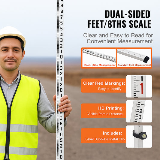 Aluminum Grade Rod, 14-Feet/8ths 4 Sections Telescopic Measuring Rod, Double-Sided Scale 1/8in Leveling Rod Stick, Aluminum Alloy Survey Rod w/ Bubble Level &Carrying Bag for Houses,Walls,Floors