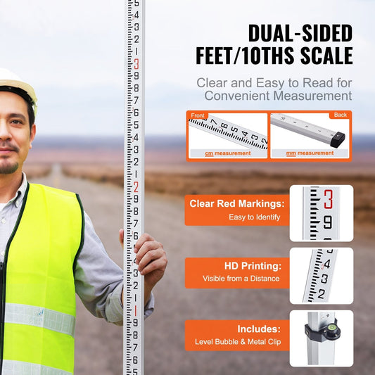 Measuring Rod 16-Feet/10ths 4 Sections Telescopic Grade Rod 1/10ft w/ Bag