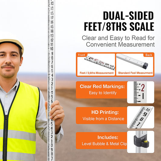 Aluminum Grade Rod, 9-Feet/8ths 3 Sections Telescopic Measuring Rod, Double-Sided Scale 1/8in Leveling Rod Stick,Aluminum Alloy Survey Rod with Bubble Level &Carrying Bag for Houses,Walls,Floors