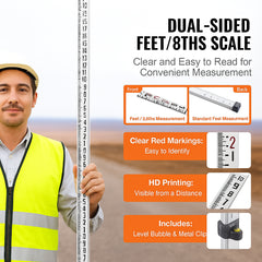 Aluminum Grade Rod, 9-Feet/8ths 3 Sections Telescopic Measuring Rod, Double-Sided Scale 1/8in Leveling Rod Stick,Aluminum Alloy Survey Rod with Bubble Level &Carrying Bag for Houses,Walls,Floors