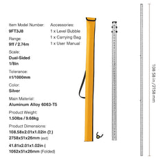 Aluminum Grade Rod, 9-Feet/8ths 3 Sections Telescopic Measuring Rod, Double-Sided Scale 1/8in Leveling Rod Stick,Aluminum Alloy Survey Rod with Bubble Level &Carrying Bag for Houses,Walls,Floors