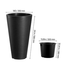 Tall Planter, Set of 2 Tall Round Tapered Planters, 59 cm Large Modern Gardening and Flower Plastic Pots, Decorative Tall Black Planter with Drainage Hole, for Porch, Patio, Indoor & Outdoor