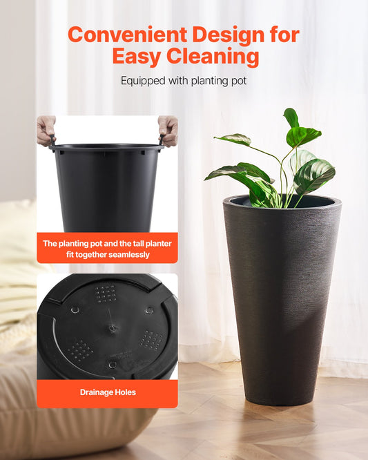 Tall Planter, Set of 2 Tall Round Tapered Planters, 59 cm Large Modern Gardening and Flower Plastic Pots, Decorative Tall Black Planter with Drainage Hole, for Porch, Patio, Indoor & Outdoor