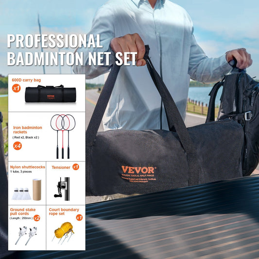 Badminton Net Set, Outdoor Backyard Beach Park Badminton Net, Portable Badminton Equipment Set, Adults Kids Badminton Net with Poles, Carrying Bag, 4 Iron Rackets, and 3 Nylon Shuttlecocks