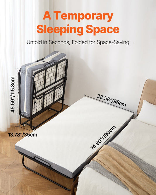 Rollaway Bed, 96.5 cm x 190 cm Folding Bed with 10 cm Mattress, Twin Size Foldable Bed with Sturdy Metal Frame & Memory Foam Mattress, Portable Roll Away Bed with Mattress, for Adults, Guest