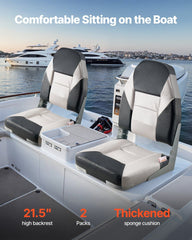 Boat Seat, High Backrest, Folding Fishing Boat Seat with Thickened Sponge Cushion & Waterproof PVC Leather, Aluminum Alloy Hinges, Flip Up Boat Seat for Boats, Yachts, Ships, Black & Grey