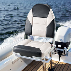Boat Seat, High Backrest, Folding Fishing Boat Seat with Thickened Sponge Cushion & Waterproof PVC Leather, Aluminum Alloy Hinges, Flip Up Boat Seat for Boats, Yachts, Ships, Black & Grey