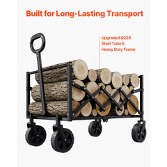 Collapsible Wagon Carts, 120L & 225LBS Folding Wagons with All-Terrain Wheels, Heavy Duty Outdoor Utility Cart with Adjustable Handle, Portable Camping Cart for Beach Grocery Garden Black