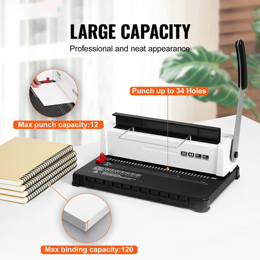 Coil Spiral Binding Machine, Manual Book Maker 34-Holes Binding 120 Sheets, Punch Binder with Adjustable Side Margin, for Letter Size, A4, A5