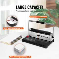 Coil Spiral Binding Machine, Manual Book Maker 34-Holes Binding 120 Sheets, Punch Binder with Adjustable 3/16" - 9/16" Coil Binding Spines and Side Margin, for Letter Size, A4, A5