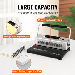 Coil Spiral Binding Machine, Manual Book Maker with Electric Binding, 46-Holes Binding 500 Sheets Punch Binder, with 100pcs 5/16'' Coil Binding Spines, for Letter Size, A4, A5