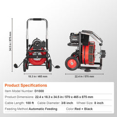 Drain Cleaner Machine Electric Drain Auger 100FT x 3/8 In Auto Feed