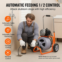 Drain Cleaner Machine 100FT x 3/8 Inch, Auto Feed Sewer Snake Drain Auger on Wheels, Portable Drain Cleaning Machine with 8 Cutters & Air-activated Foot Switch for 2" to 4" Pipes