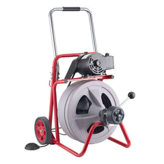 Drain Cleaner Machine 30m x 13mm, Auto Feed Sewer Snake Drain Auger on Wheels, Portable Drain Cleaning Machine with 8 Cutters & Air-Activated Foot Switch for 50mm to 150mm Pipes