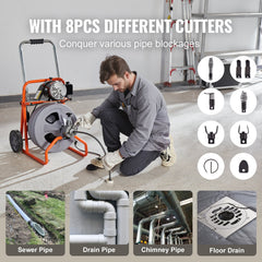 Drain Cleaner Machine 100FT x 1/2 Inch, Auto Feed Sewer Snake Drain Auger on Wheels, Portable Drain Cleaning Machine with 8 Cutters & Air-activated Foot Switch for 2" to 4" Pipes