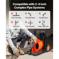 Drain Cleaner Machine 75FT x 1/2Inch, Auto Feed Sewer Snake Auger with 4 Cutter & Air-activated Foot Switch for 2" to 4" Pipes, Orange, Black