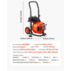 Drain Cleaner Machine 75FT x 1/2Inch, Auto Feed Sewer Snake Auger with 4 Cutter & Air-activated Foot Switch for 2" to 4" Pipes, Orange, Black