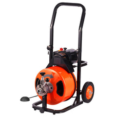 Drain Cleaner Machine 75FT x 1/2Inch, Auto Feed Sewer Snake Auger with 4 Cutter & Air-activated Foot Switch for 2" to 4" Pipes, Orange, Black