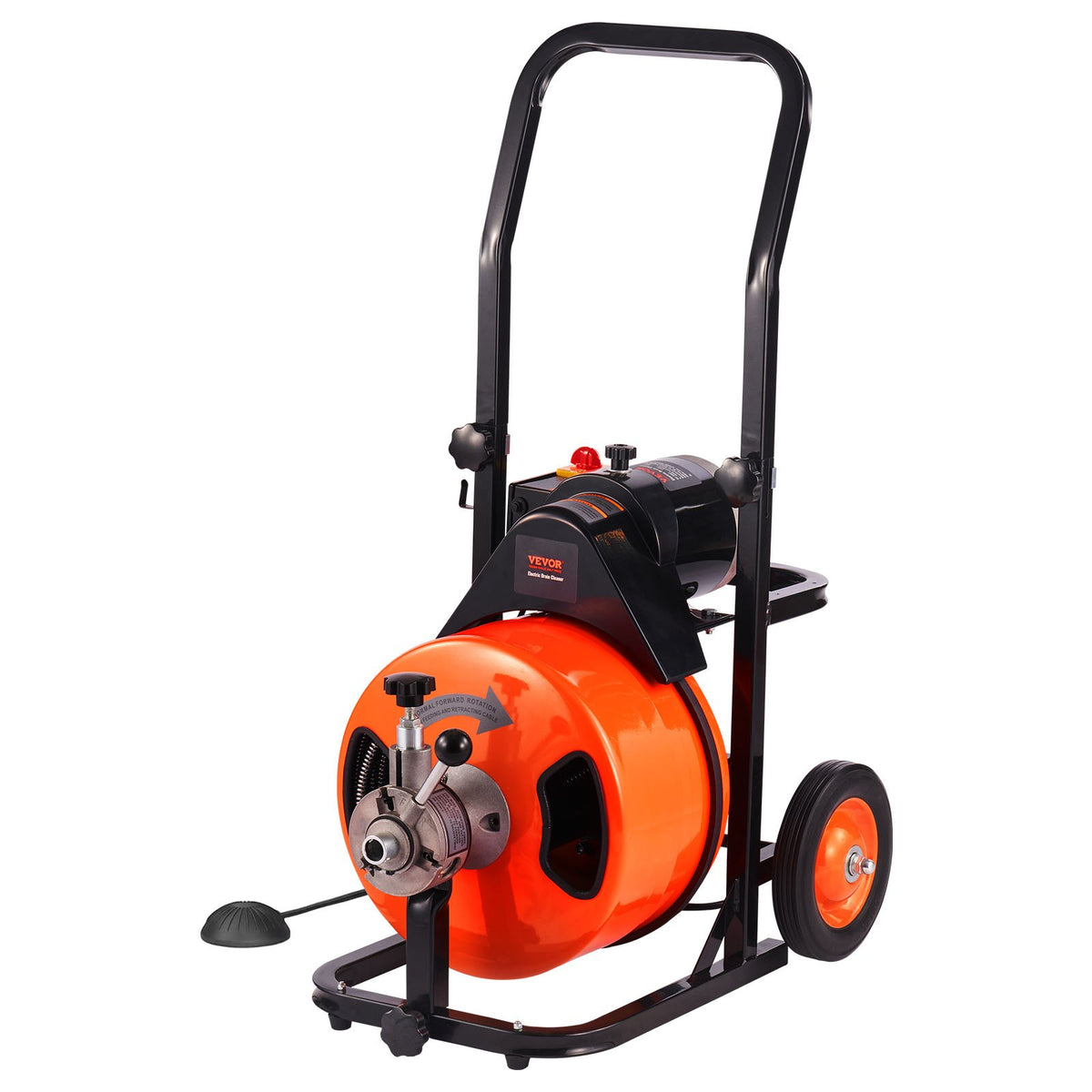 Drain Cleaner Machine 75FT x 1/2Inch, Auto Feed Sewer Snake Auger with 4 Cutter & Air-activated Foot Switch for 2" to 4" Pipes, Orange, Black