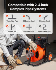 Drain Cleaner Machine 75FT x 1/2Inch, Auto Feed Sewer Snake Auger with 4 Cutter & Air-activated Foot Switch for 2" to 4" Pipes, Orange, Black