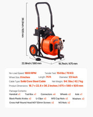 Drain Cleaner Machine 75FT x 1/2Inch, Auto Feed Sewer Snake Auger with 4 Cutter & Air-activated Foot Switch for 2" to 4" Pipes, Orange, Black
