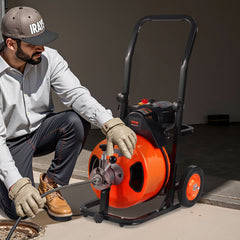 Drain Cleaner Machine 75FT x 1/2Inch, Auto Feed Sewer Snake Auger with 4 Cutter & Air-activated Foot Switch for 2" to 4" Pipes, Orange, Black