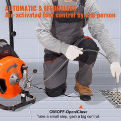 Drain Cleaner Machine 75FT x 3/8Inch, Auto Feed Sewer Snake Auger with 4 Cutter & Air-activated Foot Switch for 2" to 4" Pipes