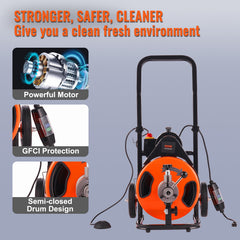 Drain Cleaner Machine 75FT x 3/8Inch, Auto Feed Sewer Snake Auger with 4 Cutter & Air-activated Foot Switch for 2" to 4" Pipes
