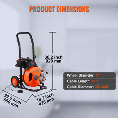 Drain Cleaner Machine 75FT x 3/8Inch, Auto Feed Sewer Snake Auger with 4 Cutter & Air-activated Foot Switch for 2" to 4" Pipes