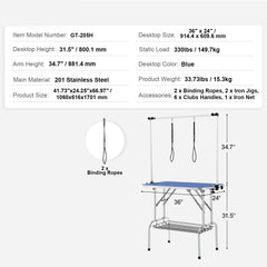 Pet Grooming Table Two Arms with Clamp, 915 x 610mm Dog Grooming Station, Foldable Pets Grooming Stand for Medium and Small Dogs, Free Two No Sit Haunch Holder with Grooming Loop, Bearing 150kg