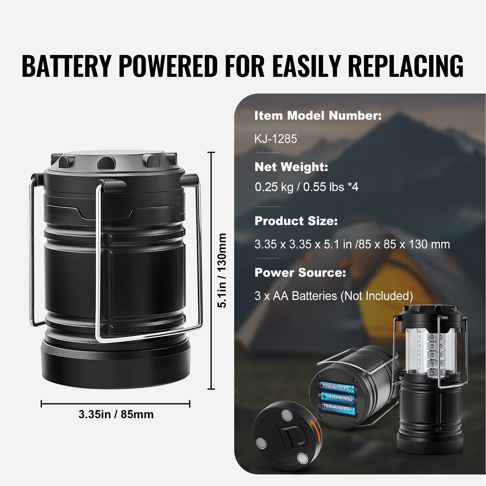 Black camping lantern with VEVOR branding and product details on a white background