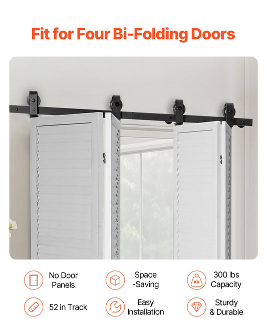 Bi-Folding Sliding Barn Door Hardware Track Kit, 52" Top Mount Track Kit, Slide Smoothly & Quietly, Heavy Duty, Easy to Install, Suitable for Four 12" Closet Pantry Laundry Doors (Not Included)
