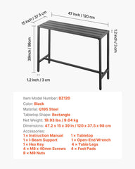 Outdoor Bar Table, 120 x 37.5 cm Patio Bar Table, Waterproof Top & Sturdy Metal Frame, Rectangle Counter Height Dining Tables, Outdoor Furniture for Balcony, Yard, Hot Tub, Poolside, Indoor