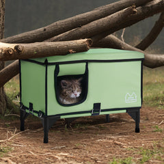 Elevated Heated Cat House, Cuboid Kitty Shelter with Adjustable Temperature and Timer, 900D Oxford Cloth Foldable Cat Shelter with Heated Pad for Winter to Stay Warm and Cozy, Green (Middle)