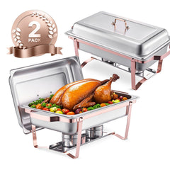 Chafing Dish Buffet Set, 8 Qt 2 Pack, Stainless Steel Chafer with 2 Full Size Pans, Rectangle Catering Warmer Server with Lid Water Pan Stand Fuel Holder, for Wedding Party Banquet, Rose Gold