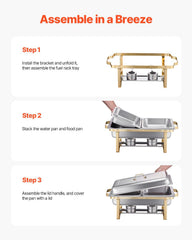 Chafing Dish Buffet Set, 8 Qt 4 Pack, Stainless Steel Chafer with 2 Full Size and 4 Half Size Pans, Rectangle Catering Warmer Server with Lid Water Pan Stand, for Weddings Parties Banquets, Gold