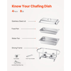 8 Qt 4 Pack Rectangle Chafing Dish Buffet Set Fullsize Pan Stainless Steel