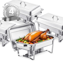 8 Qt 4 Pack Rectangle Chafing Dish Buffet Set Fullsize Pan Stainless Steel